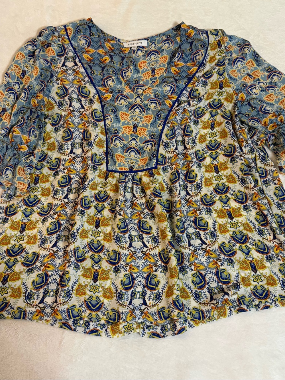 Rose + Olive Women’s 3X Blouse Paisley Floral Boho Bell Sleeve Blue Multicolor